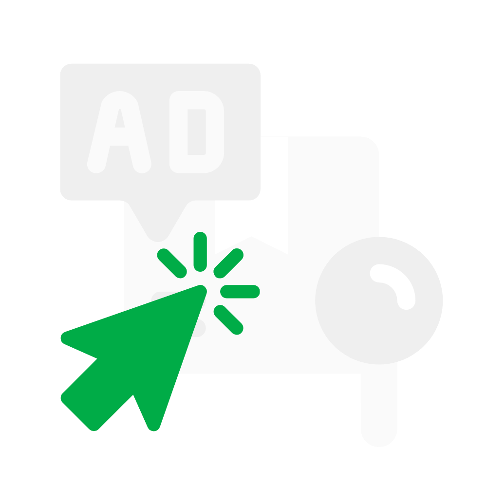 Green arrow clicking on ad icon, representing digital marketing strategies for HVAC businesses, emphasizing targeted advertising and online engagement.