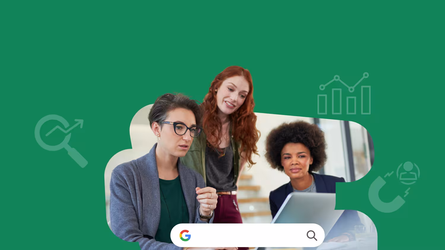 Three diverse professionals collaborating around a laptop, analyzing data and discussing HVAC SEO strategies, with graphical icons representing growth and search optimization in the background.