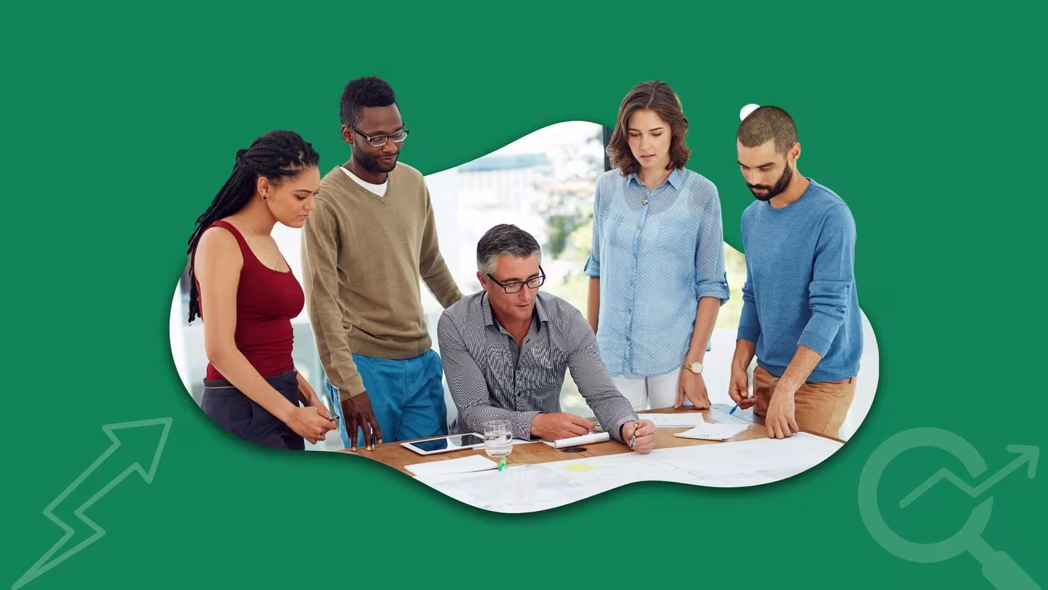 Group of diverse professionals collaborating on HVAC marketing strategies, analyzing documents and charts at a table, emphasizing teamwork and planning for digital marketing success.