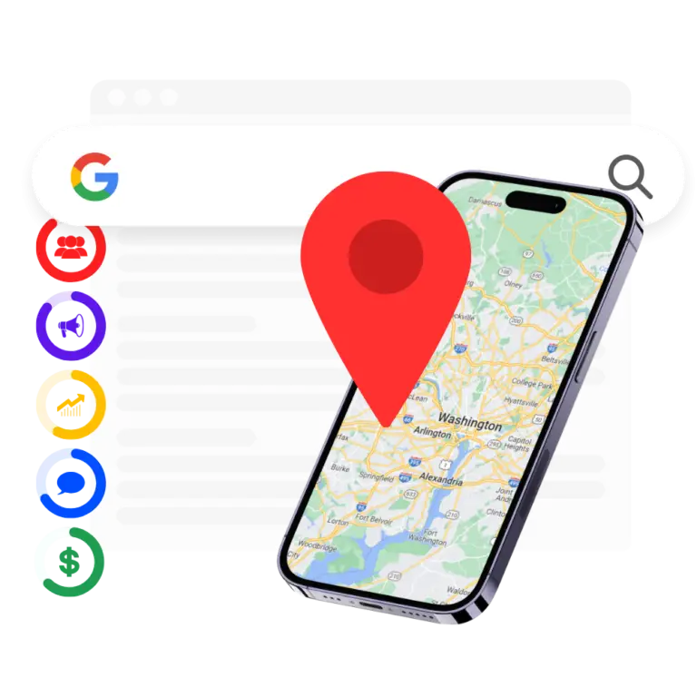 Smartphone displaying Google Maps with a prominent red location pin, symbolizing local SEO for small business visibility.