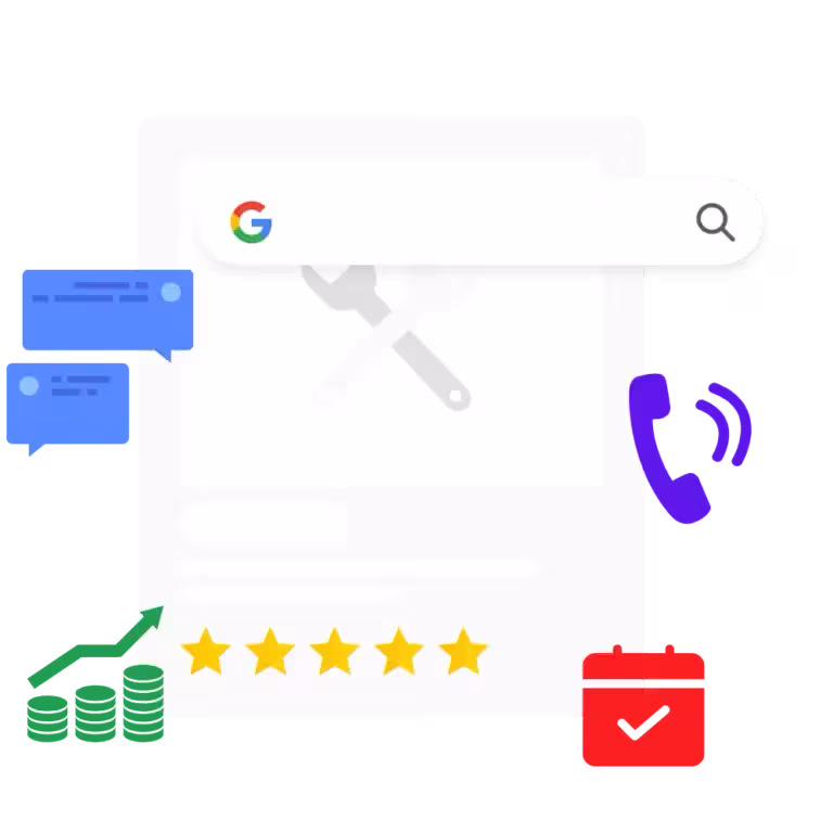 Google Business Profile interface with HVAC tools, five-star ratings, chat messages, phone icon, and appointment booking, symbolizing reputation management and local SEO for small business success.