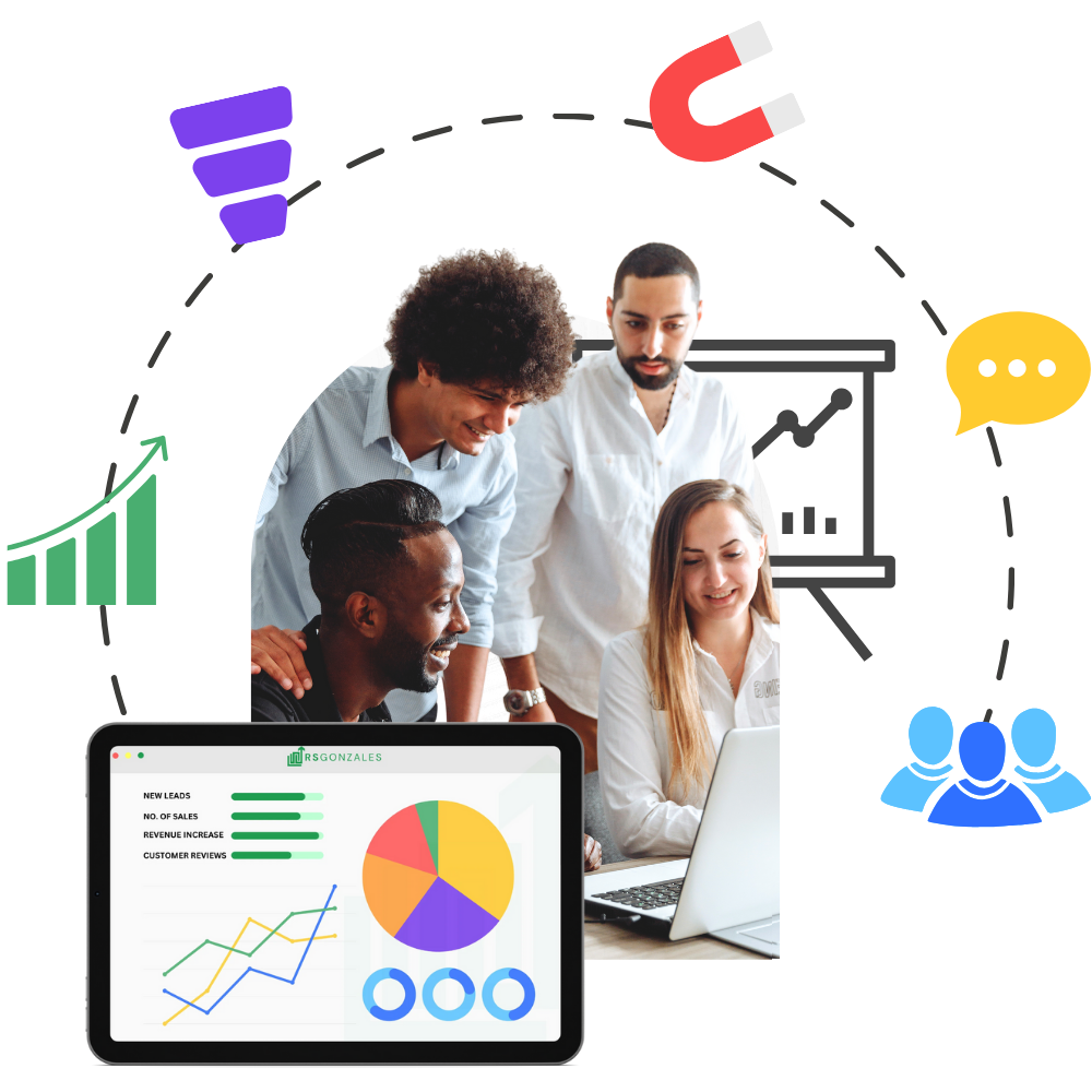 Diverse team collaborating on HVAC business growth strategies, analyzing data on tablet, emphasizing customer engagement and reputation management.