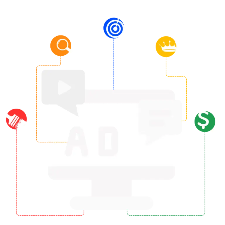 Graphic illustrating HVAC marketing services with icons for local ads, SEO, social media, and CRM, emphasizing digital marketing strategies for small business success.
