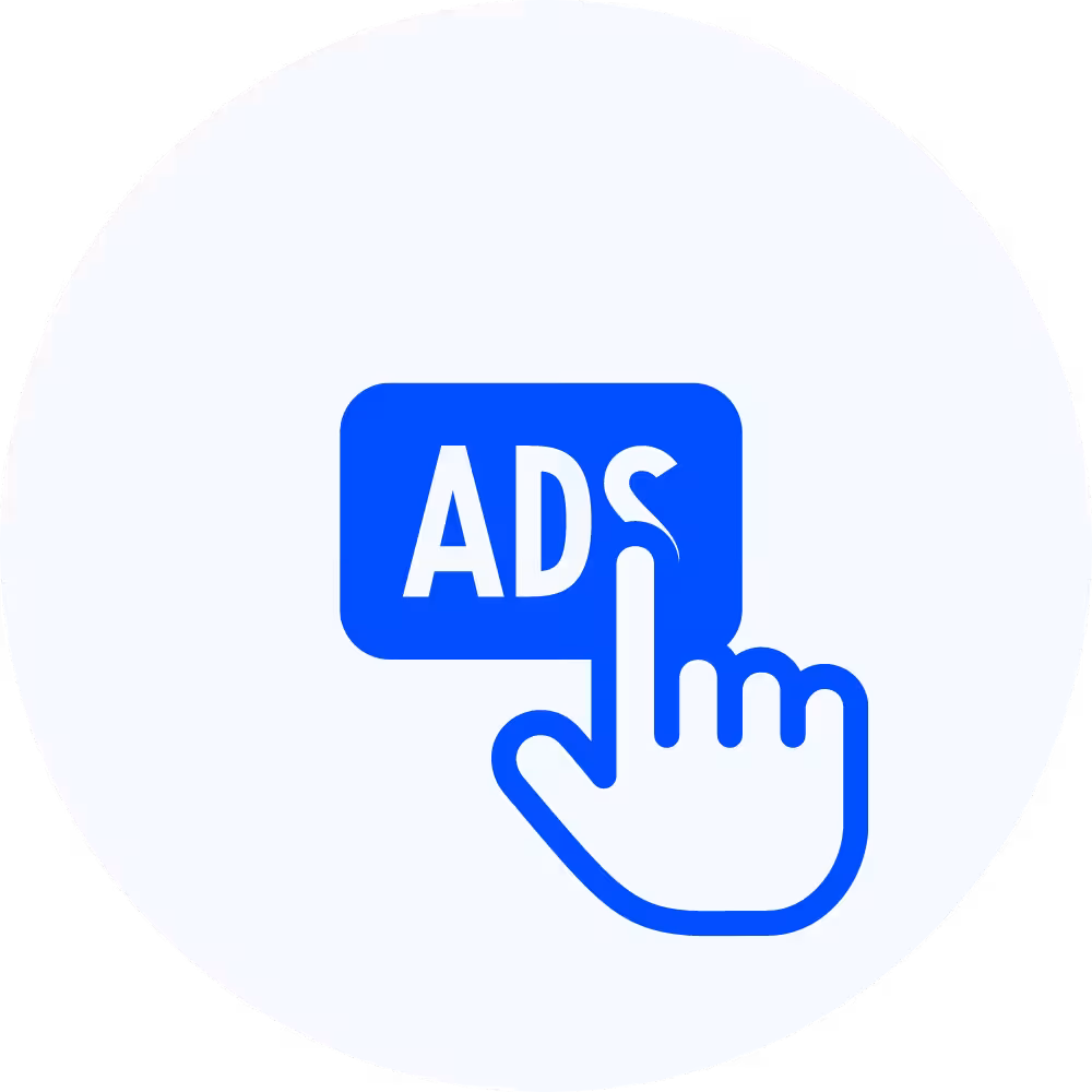 Hand pressing "ADS" button, symbolizing pay-per-click advertising services for HVAC businesses, emphasizing digital marketing strategies.