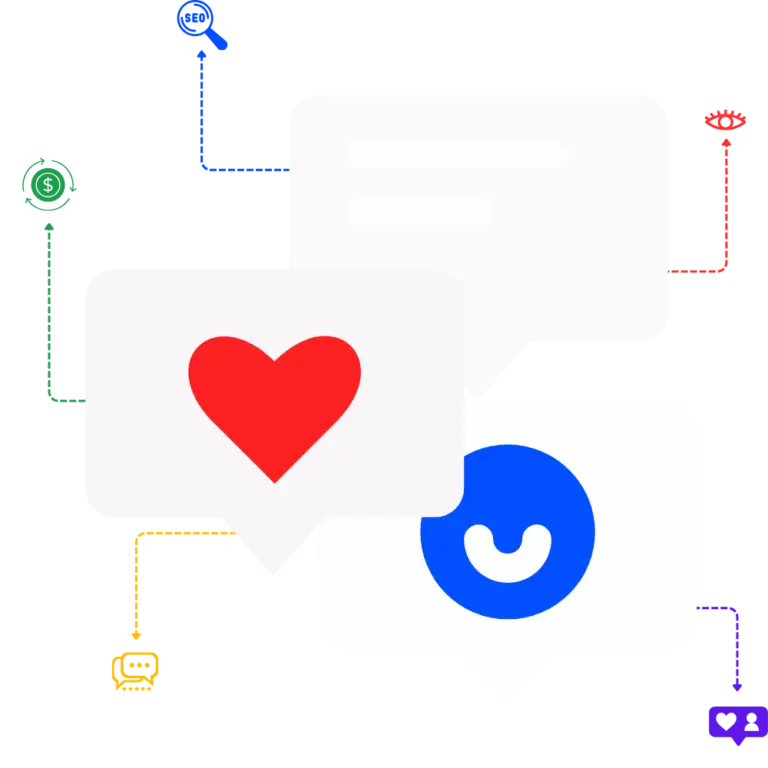 Graphic depicting social media interaction elements, including a heart icon and message bubbles, symbolizing engagement and communication for HVAC marketing services.