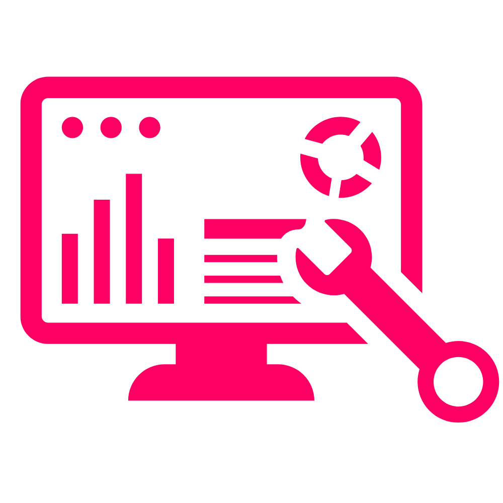 HVAC website maintenance icon featuring a computer screen with graphs and a wrench, symbolizing digital optimization and performance for HVAC contractors.