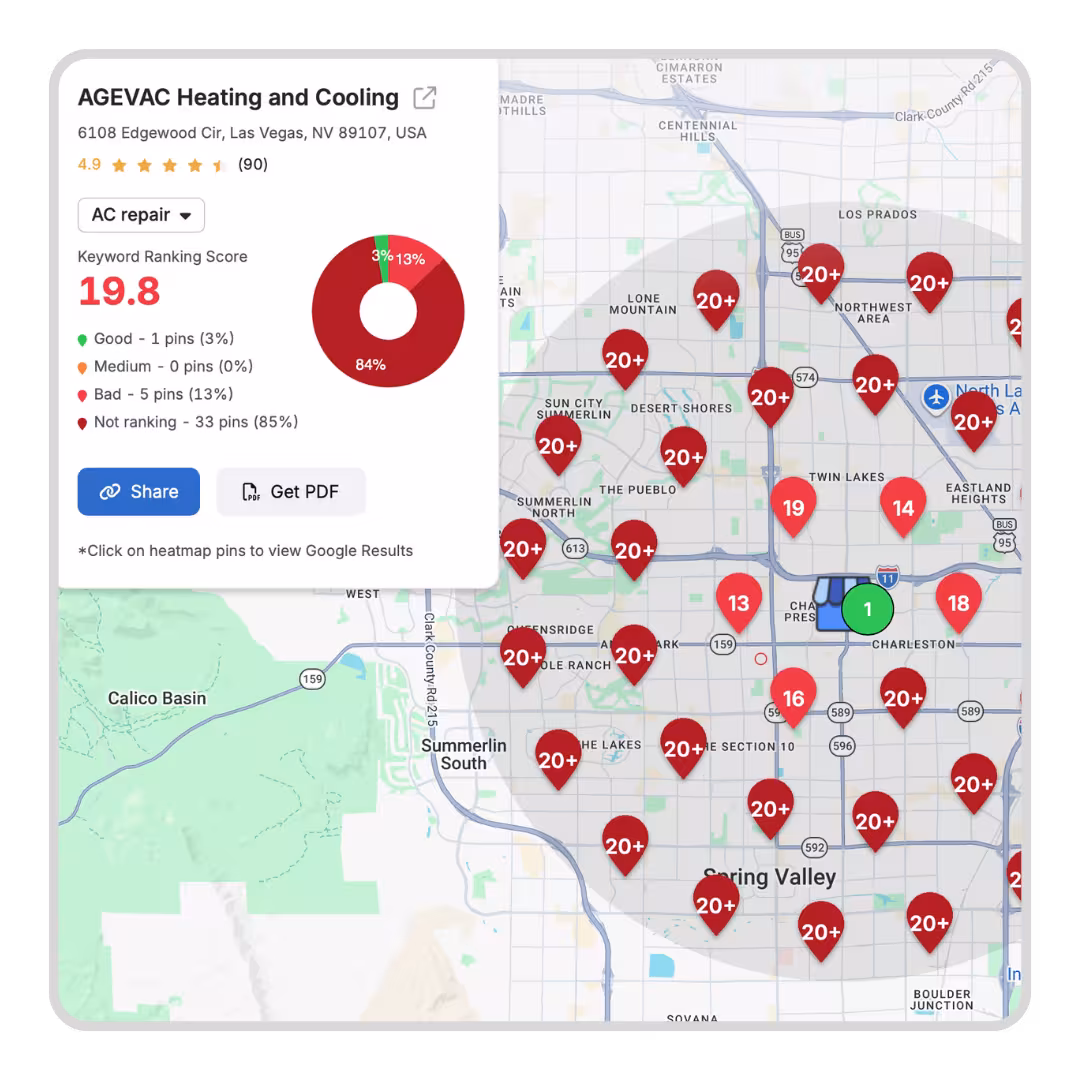 HVAC keyword ranking heatmap showing Google search visibility around Las Vegas, Nevada.