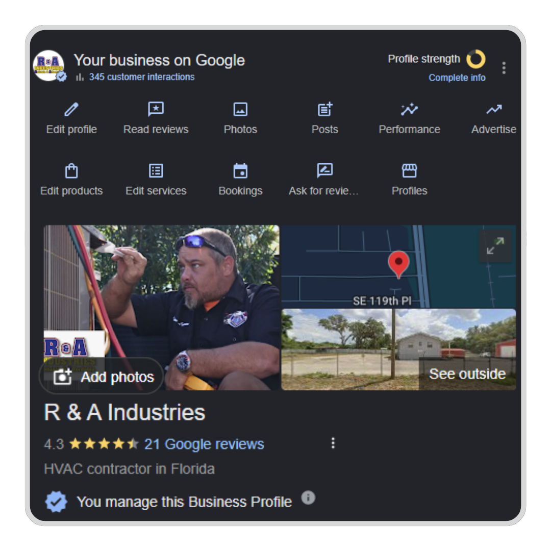Google Business Profile overview for HVAC business and local ranking heatmap.