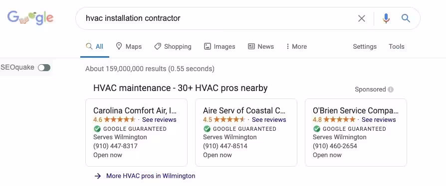 Google Local Services Ads result for HVAC installation contractor