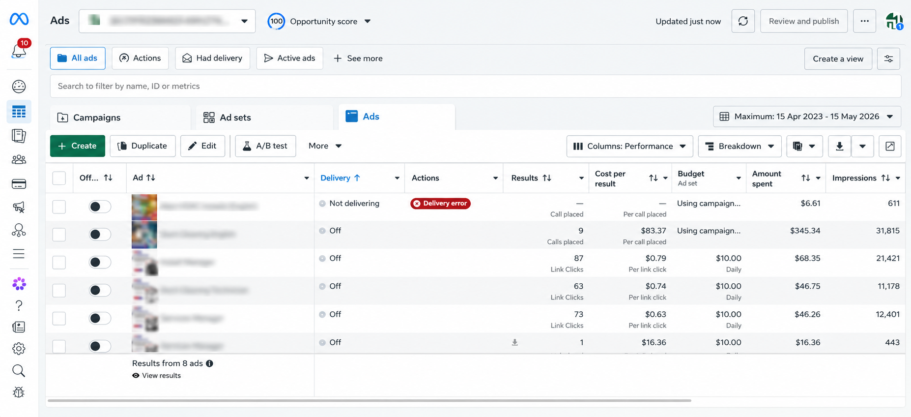 Meta Business Suite ads dashboard showing HVAC campaigns