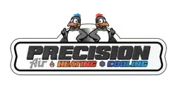 Precision Air Heating and Cooling logo featuring penguin mascots for HVAC advertising.