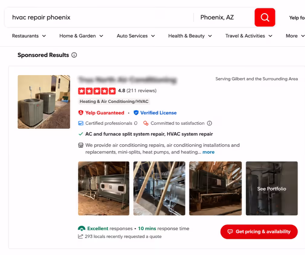 Yelp sponsored result for HVAC repair Phoenix