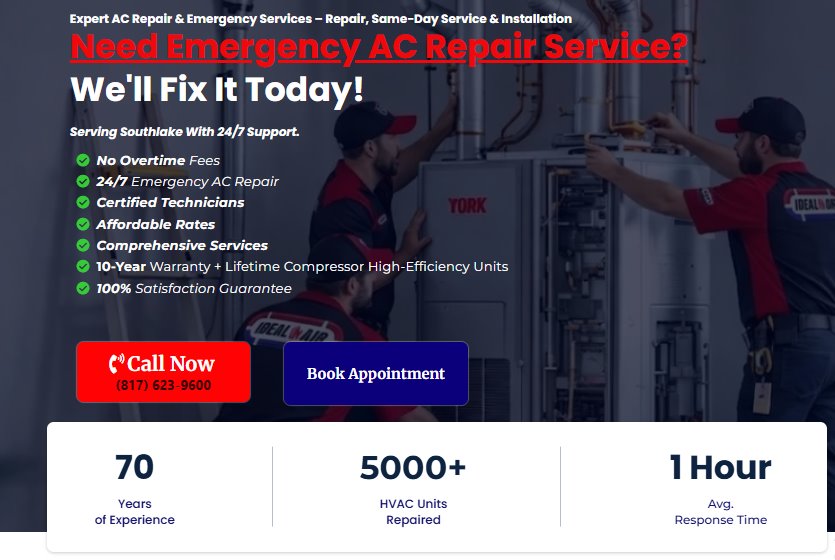 Example dedicated HVAC PPC landing page with the phone number, a clear offer, and trust signals above the fold