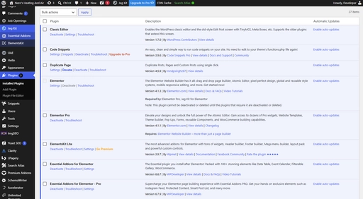 The WordPress plugin manager for an HVAC client site with automatic updates enabled across plugins