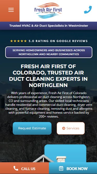 The Fresh Air First HVAC website on a phone, built mobile-first with click-to-call and book-now buttons