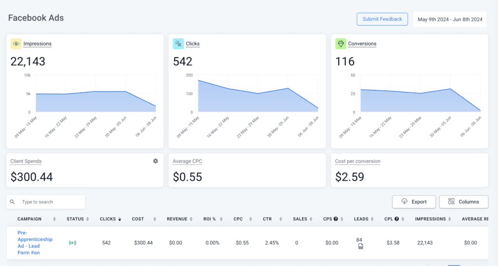 Facebook Ads performance dashboard displaying metrics: 22,143 impressions, 542 clicks, 116 conversions, client spend of $300.44, average CPC of $0.55, and cost per conversion of $2.59, illustrating effective HVAC ad campaign results.
