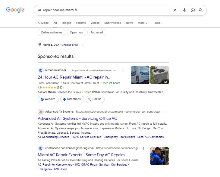 Google sponsored search results for AC repair near me