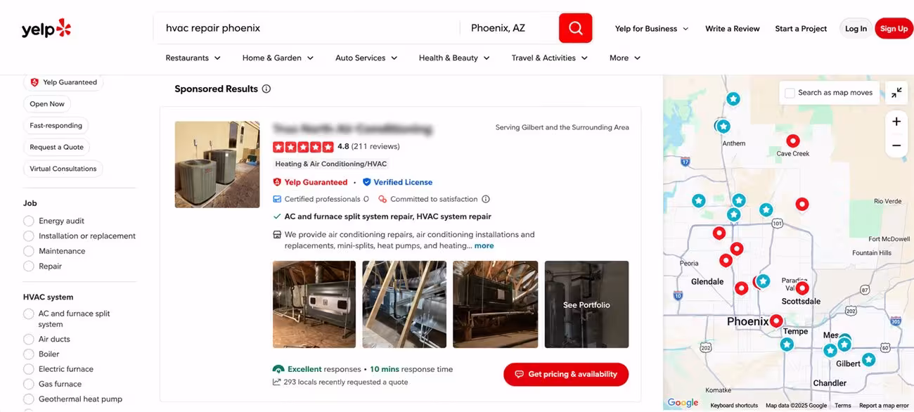 Yelp sponsored results for HVAC repair Phoenix