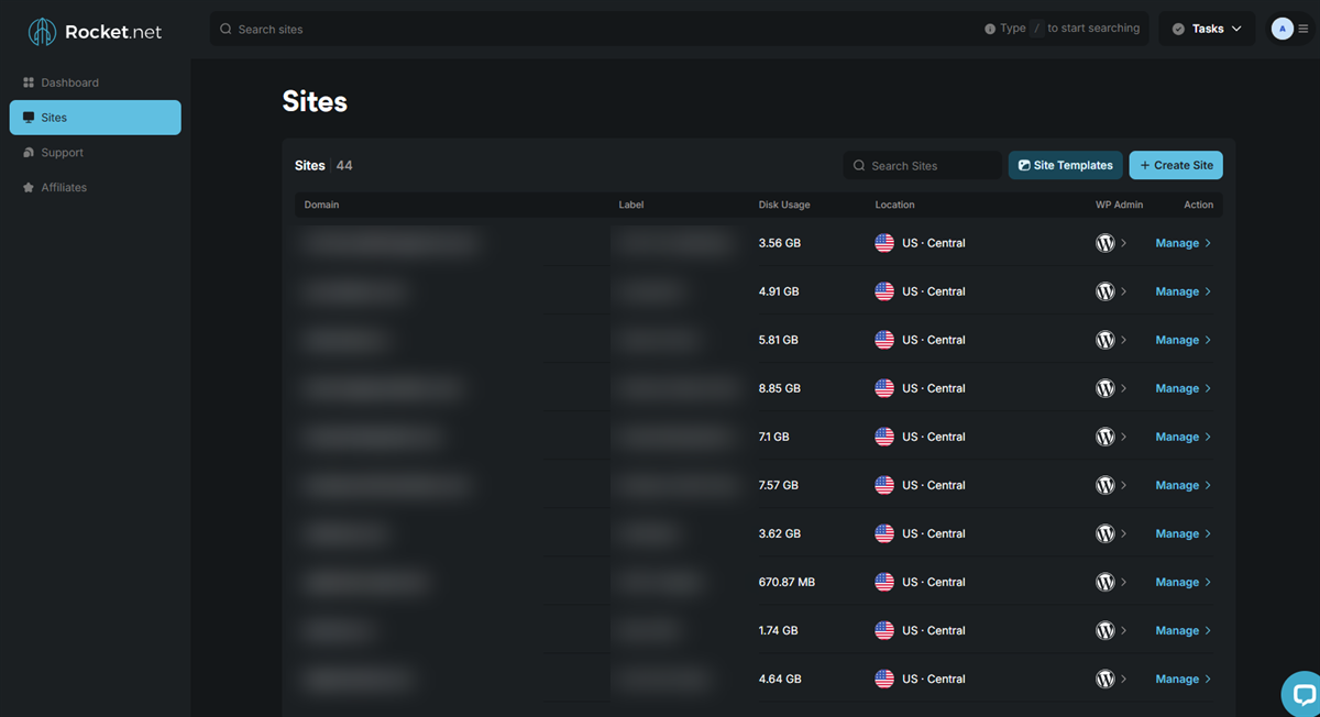 Managed WordPress hosting dashboard showing dozens of HVAC contractor websites RS Gonzales hosts and monitors