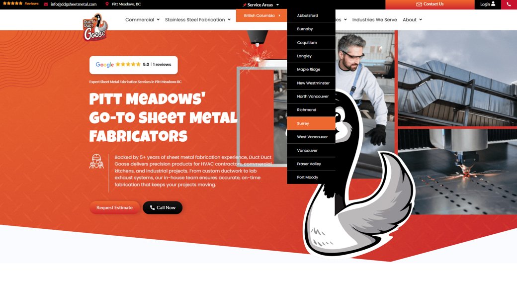 A home-services website with a service-area menu listing the cities and neighborhoods served