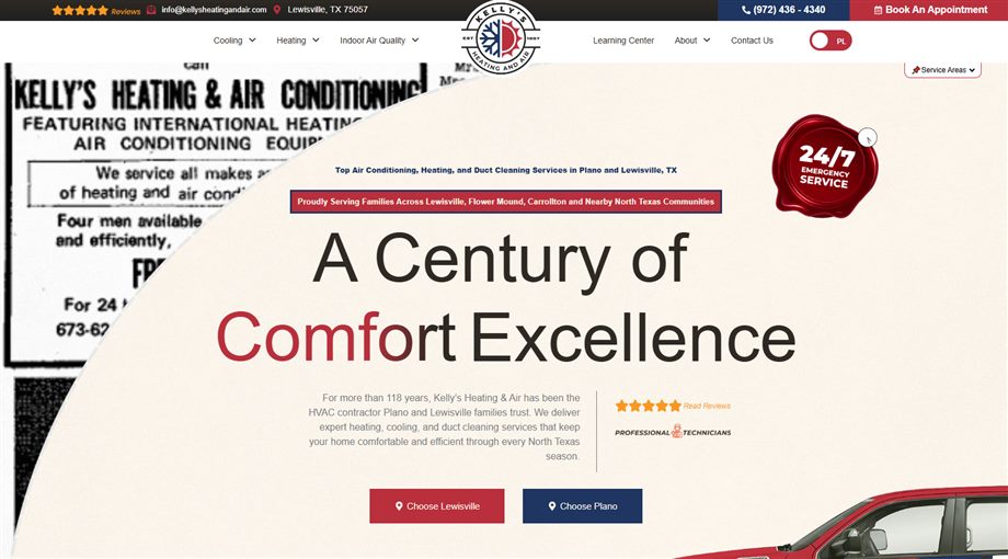 The rebranded Kelly’s Heating & Air website, with a vintage ad collage and a ‘A Century of Comfort Excellence’ headline