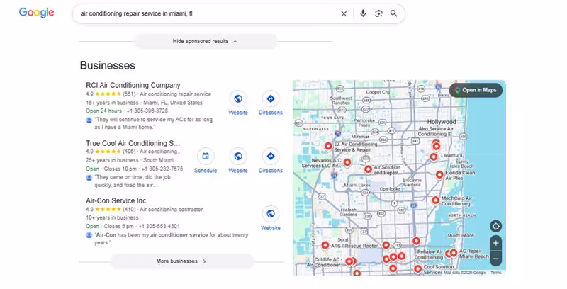 Google local search results for HVAC