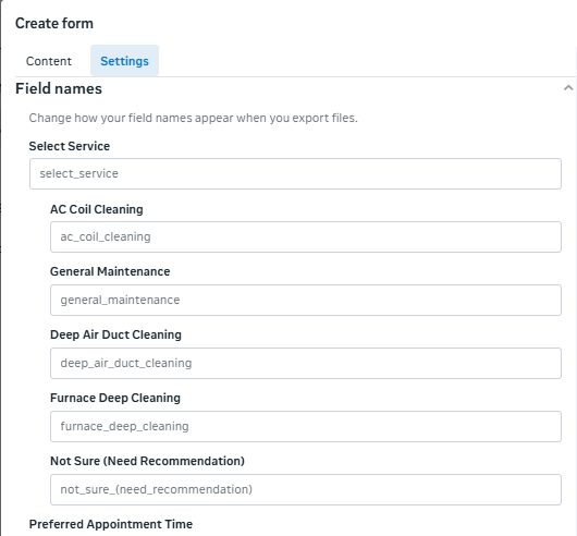 Meta native lead form builder showing HVAC service field names