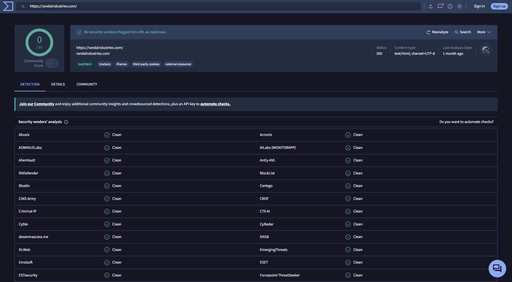 Security vendor analysis of an HVAC client site showing every scanner reporting clean, no malware detected