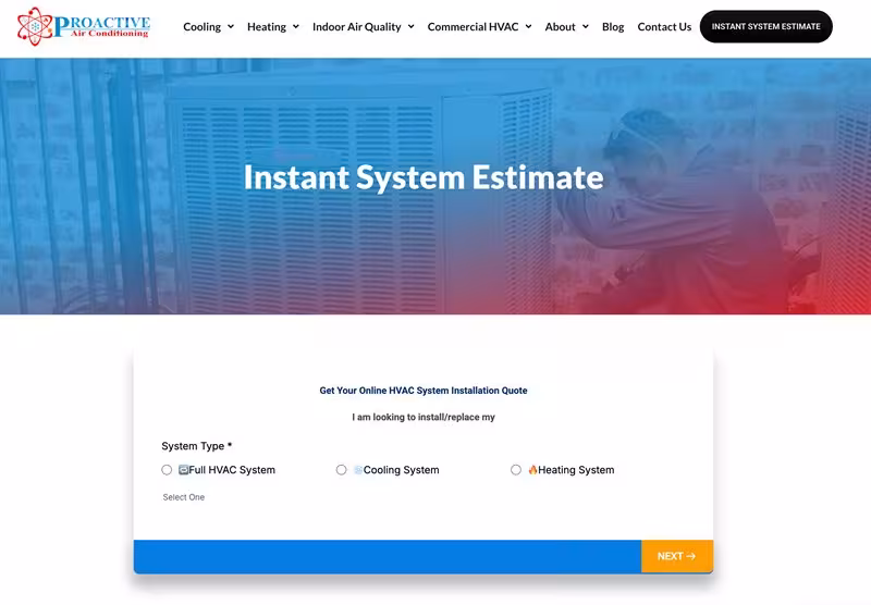 Instant System Estimate tool on a contractor website letting homeowners get an online HVAC installation quote