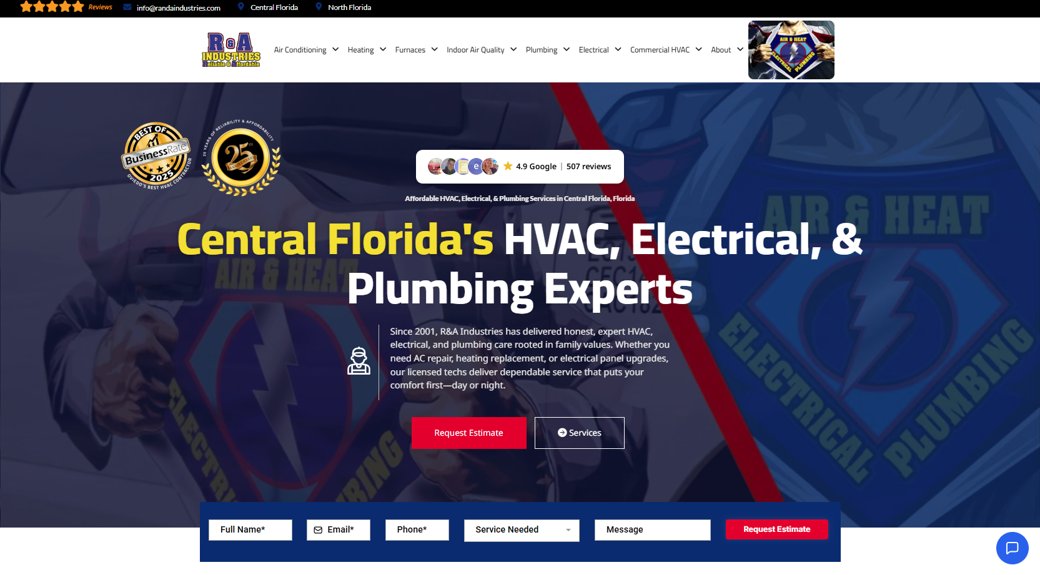 An HVAC website first screen with award badges, a live Google review rating, and trust signals front and center