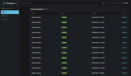 Hosting backup panel showing daily automated backups of an HVAC client site, each available for one-click restore