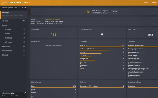 A link-checking report for an HVAC site showing 183 links scanned with zero broken links or 404 errors