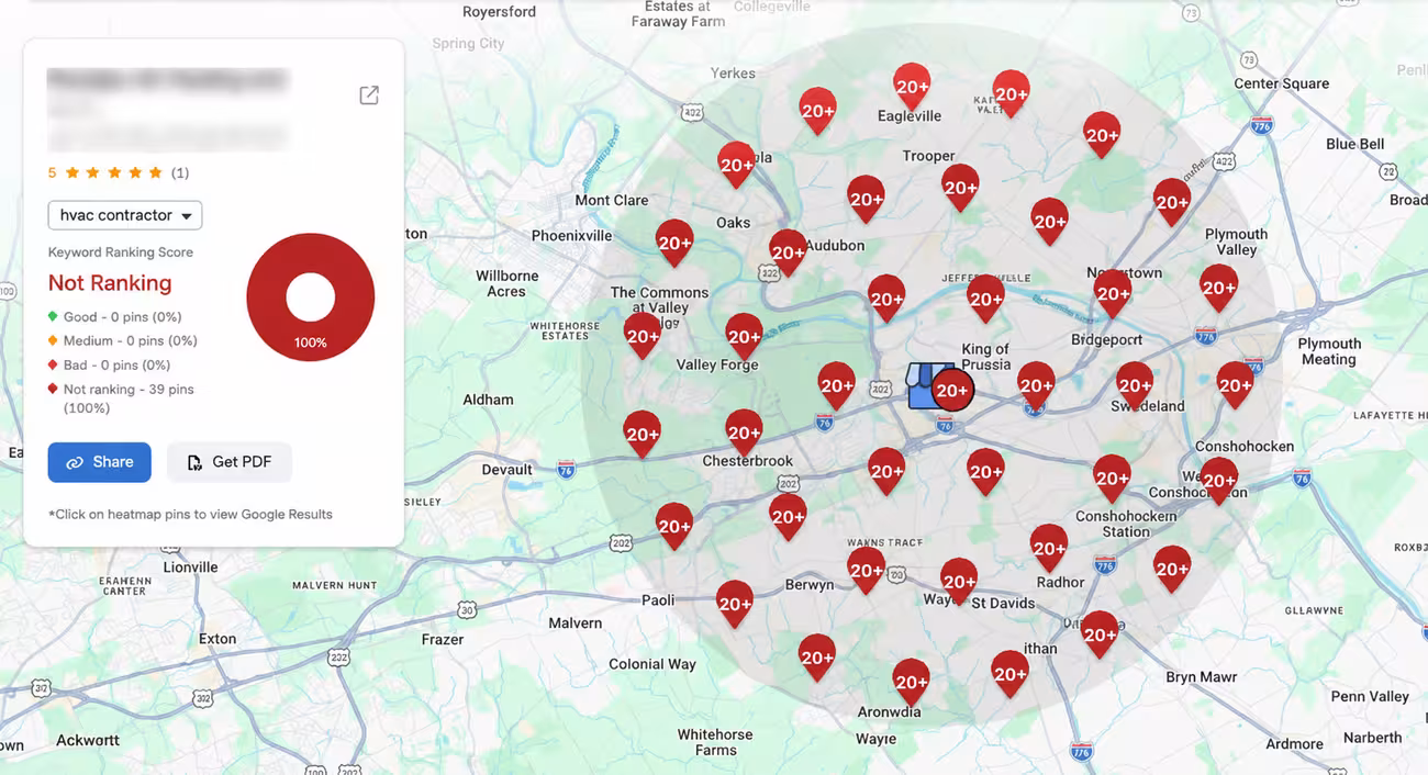Local rank grid heatmap showing an HVAC business ranking outside the top spots across its service area