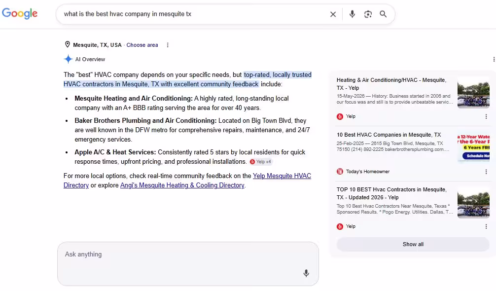 Google AI Overview answering 'best HVAC company in Mesquite TX' with Yelp directory citations