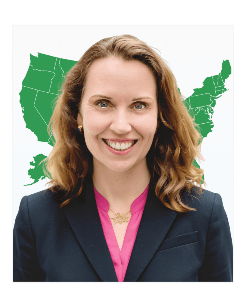 Sarah Gonzales, founder of RS Gonzales, smiling in a professional outfit, with a green map of the United States in the background, representing her HVAC marketing agency focus.