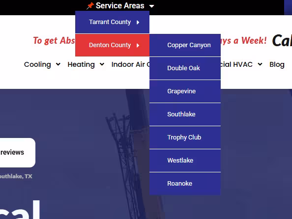 Website service-area menu listing the counties and cities served