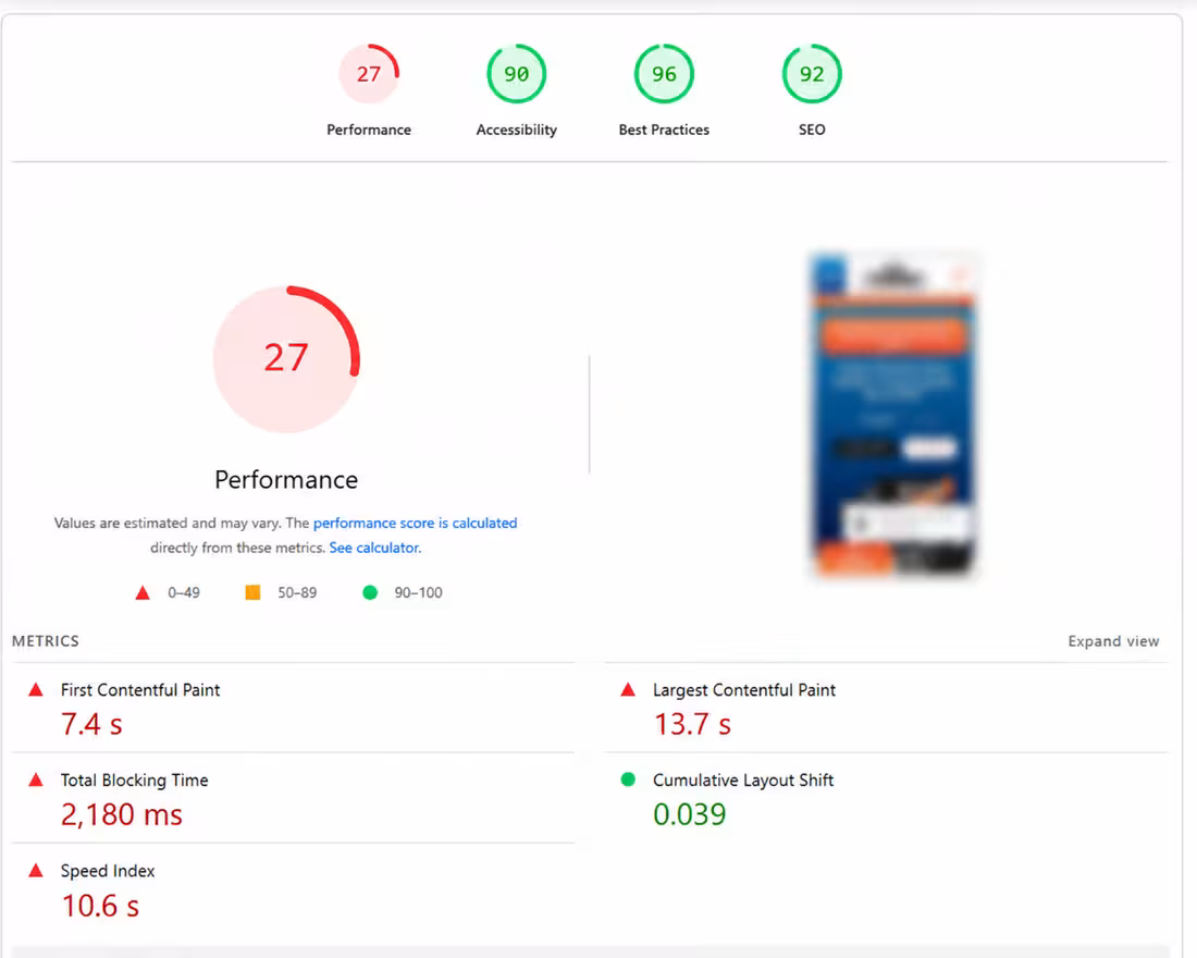PageSpeed Insights report with Core Web Vitals scores for an HVAC website