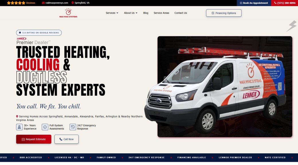 An HVAC website first screen with a bold headline, request-estimate and call buttons, and trust badges above the fold