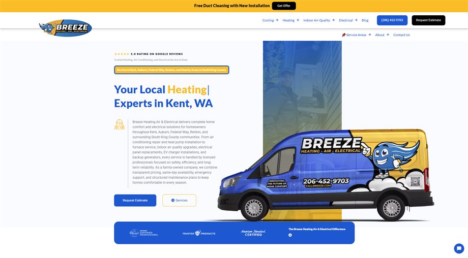 The Breeze Heating, Air & Electrical website after the rebrand from NW Superior Services, with blue-and-yellow branding
