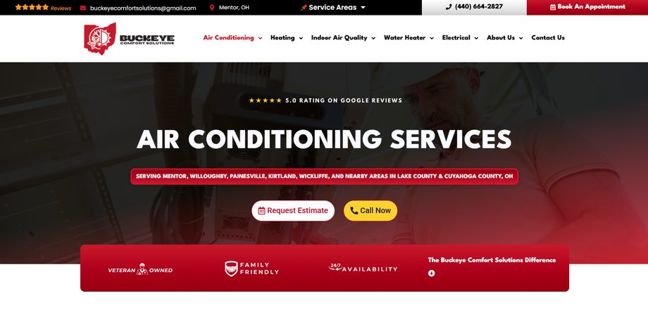 The AC Services page with full local service-area coverage