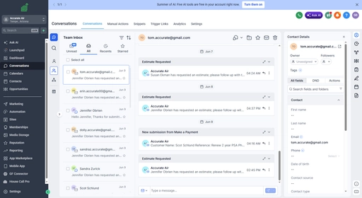 A CRM inbox showing real HVAC lead form submissions arriving and routing correctly
