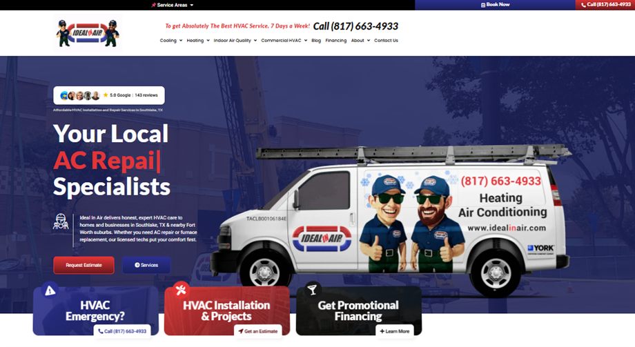 The Ideal In Air website homepage with a 'Your Local AC Repair Specialists' headline, phone number, and the branded service van