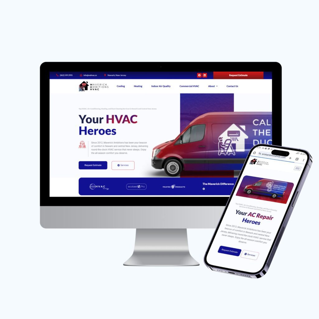 HVAC website design displayed on computer and smartphone screens, featuring Maverick Ambitions branding, showcasing services for heating and cooling, emphasizing local expertise in Newark, New Jersey.