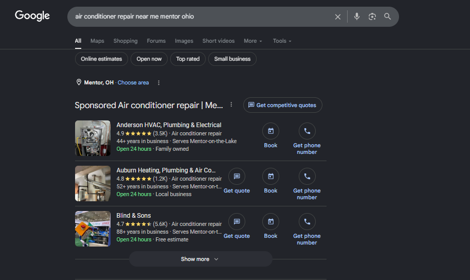 Real Google SERP for ac repair showing the LSA Sponsored 3-pack at the top above the map pack