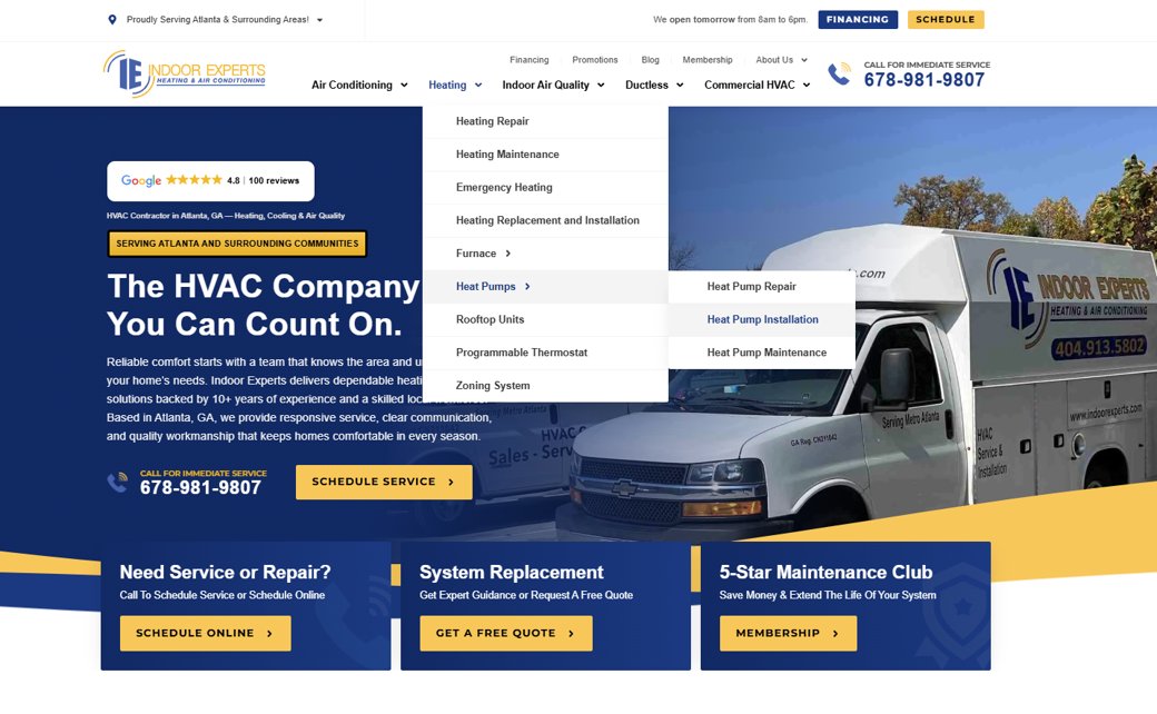 An HVAC website with the services menu open, showing a dedicated page for every service