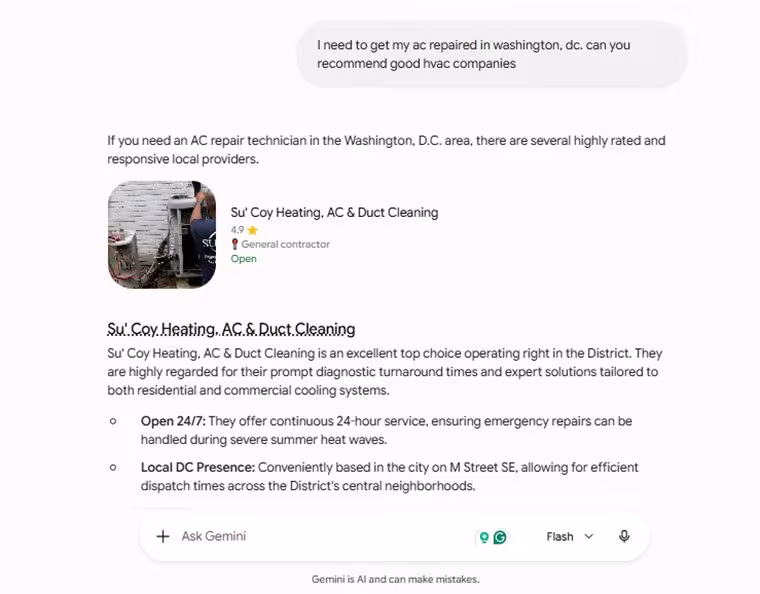 Gemini AI answer recommending Su'Coy Heating, AC and Duct Cleaning first for AC repair in Washington DC