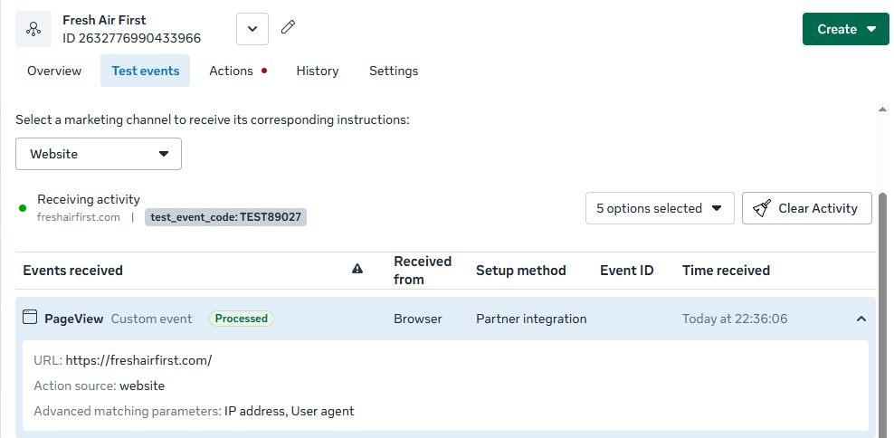 Meta Pixel test events showing a processed PageView event