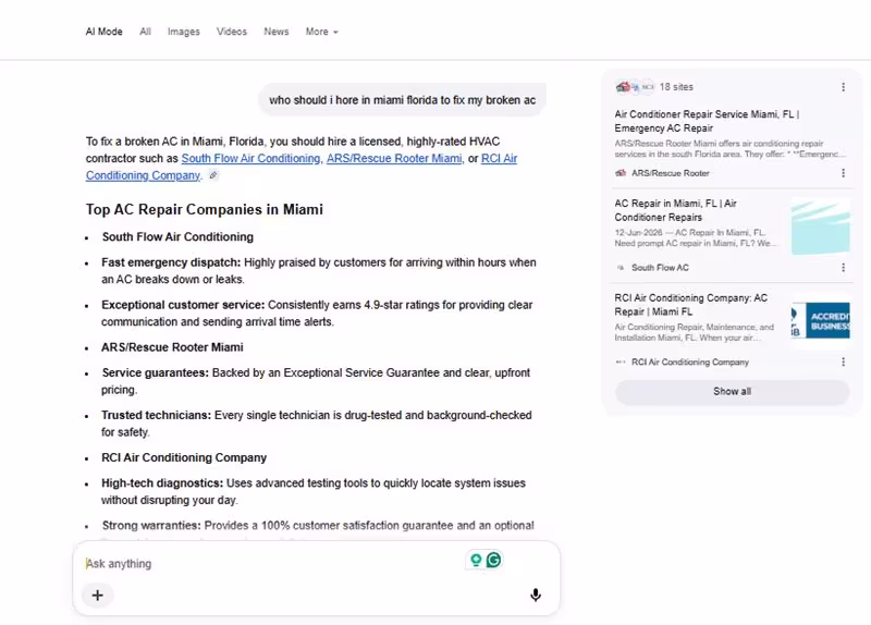 Google AI Mode recommending HVAC contractors