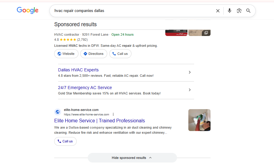Real Google Local Services result for a Dallas HVAC contractor — 4.8 stars across 2,792 reviews + three sub-listings exposed (Dallas HVAC Experts, 24/7 Emergency AC Service, Elite Home Service). Anchors the job-type coverage claim.