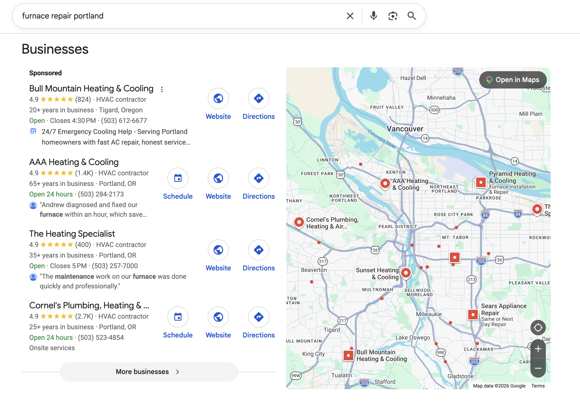 Google search for furnace repair near Portland showing the local map pack of HVAC contractors